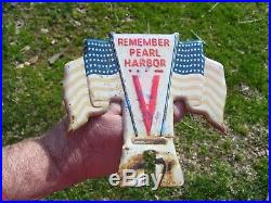 Original vintage 1940s WW2 Remember Pearl Harbor license plate topper 1943 1942